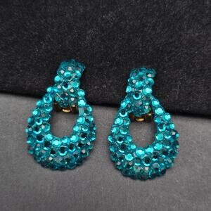 Bellini by Formart Clip On Earrings Teal Pave Rhinestone Door Knocker Vintage